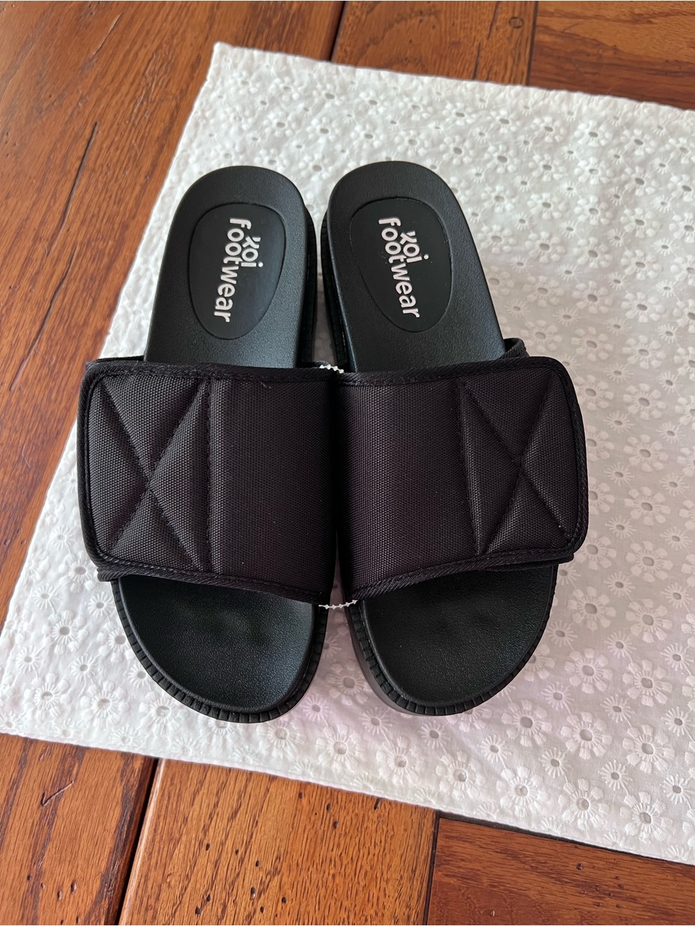 koi footwear Women's Black Platform Slide Sandals with Adjustable Velcro Straps
